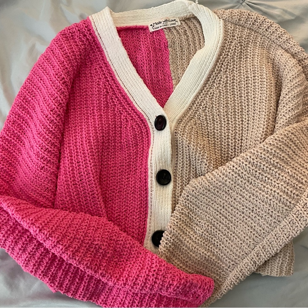 Made with Love Split Pink and Brown Cropped Cardigan